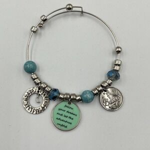 VTG Inspirational Bangle Bracelet Retro Silver Tone Blue Beads Believe Charms